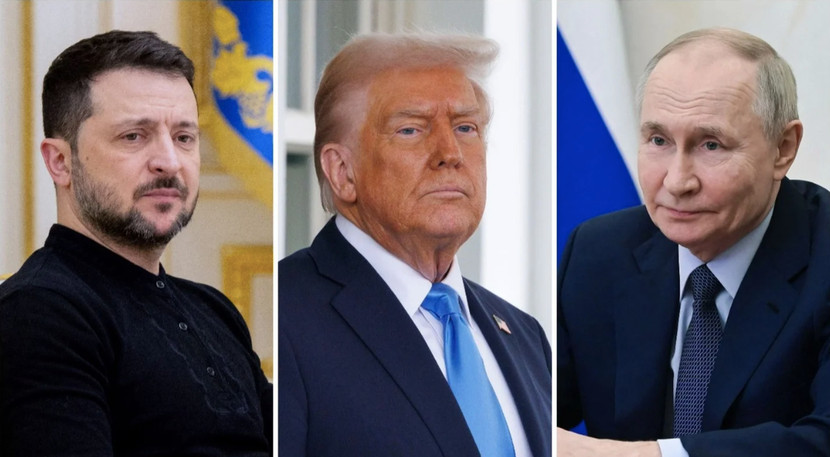 Từ trái sang: Tổng thống Ukraine Volodymyr Zelensky, Tổng thống Mỹ Donald Trump, và Tổng thống Nga Vladimir Putin