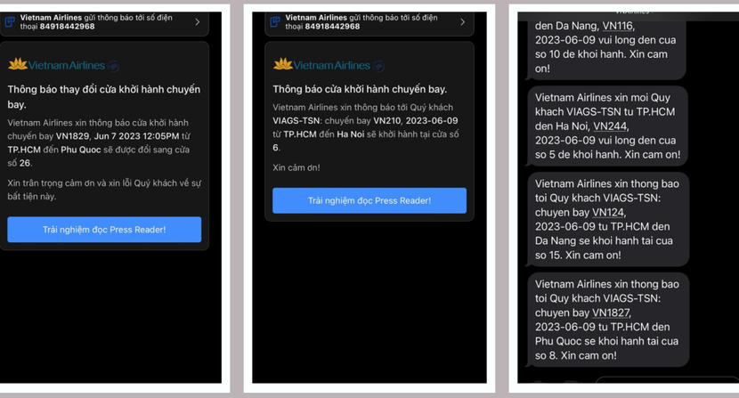 Hành khách làm thủ tục check-in trực tuyến tại 3 sân bay lớn được thông báo cửa ra tàu bay bằng tin nhắn