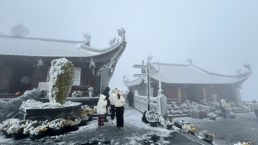 Ngày hôm qua, tuyết tiếp tục rơi trên đỉnh Fansipan từ sáng sớm Ngày hôm qua, tuyết tiếp tục rơi trên đỉnh Fansipan từ sáng sớm