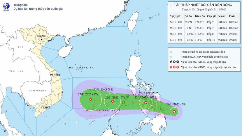 Áp thấp nhiệt đới vừa xuất hiện ngoài khơi Philippines, dự báo đi vào Biển Đông trong đêm mai 25/11