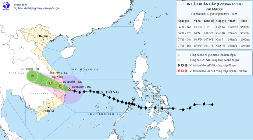 Bão số 13 đang áp sát đất liền khu vực Quảng Ngãi- Đắk Lắk