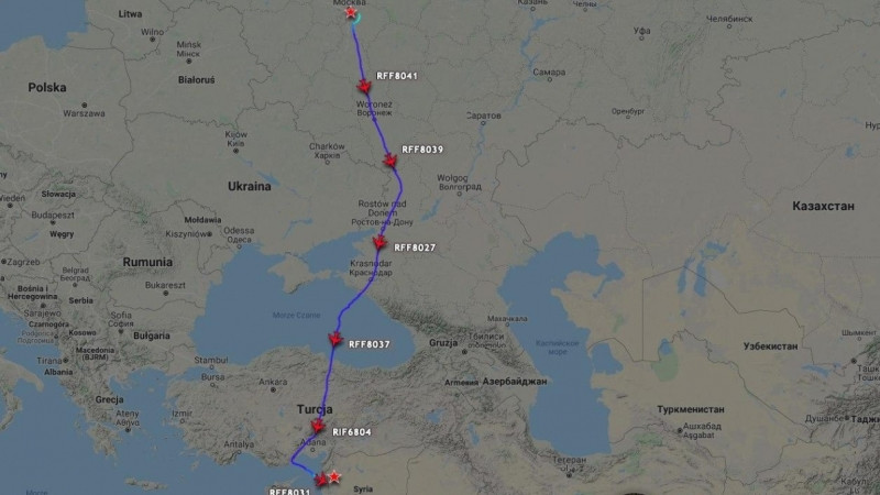 Đường bay của những vận tải cơ IL-76 từ sân bay Chkalovsky tới căn cứ Hmeimim của Nga ở Syria Đường bay của những vận tải cơ IL-76 từ sân bay Chkalovsky tới căn cứ Hmeimim của Nga ở Syria