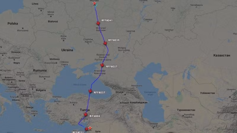 Đường bay của những vận tải cơ IL-76 từ sân bay Chkalovsky tới căn cứ Hmeimim của Nga ở Syria