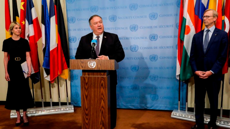 Ngoại trường Mỹ Mike Pompeo phát biểu với giới báo chí sau cuộc họp với các thành viên của HĐBA LHQ, ngày 20-8-2020