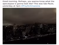 Cháy rừng Amazon: Bầu trời Brazil chìm trong khói tro, 3h chiều tối đen như giữa đêm