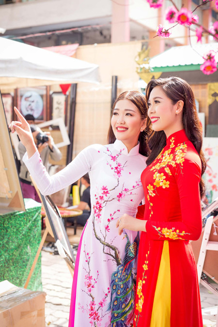 Cặp đôi Á khôi thướt tha áo dài xin chữ đầu năm ảnh 2