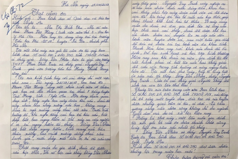 Bức thư cảm động của người mẹ gửi đến hai thầy giáo cứu sống con mình ảnh 1