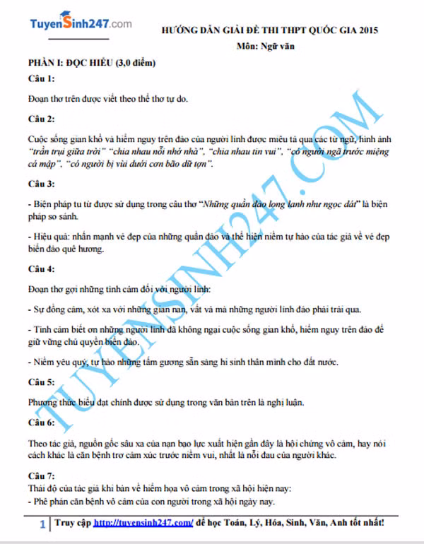 Gợi ý đáp án đề thi THPT quốc gia môn Ngữ văn năm 2015 ảnh 1