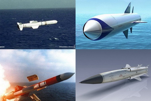 Tên lửa diệt hạm cận âm RGM-84 Harpoon và MM40 Exocet Block 3 (trái) cùng với tên lửa diệt hạm siêu âm P-800 Oniks và P-270 Moskit (phải) Tên lửa diệt hạm cận âm RGM-84 Harpoon và MM40 Exocet Block 3 (trái) cùng với tên lửa diệt hạm siêu âm P-800 Oniks và P-270 Moskit (phải)