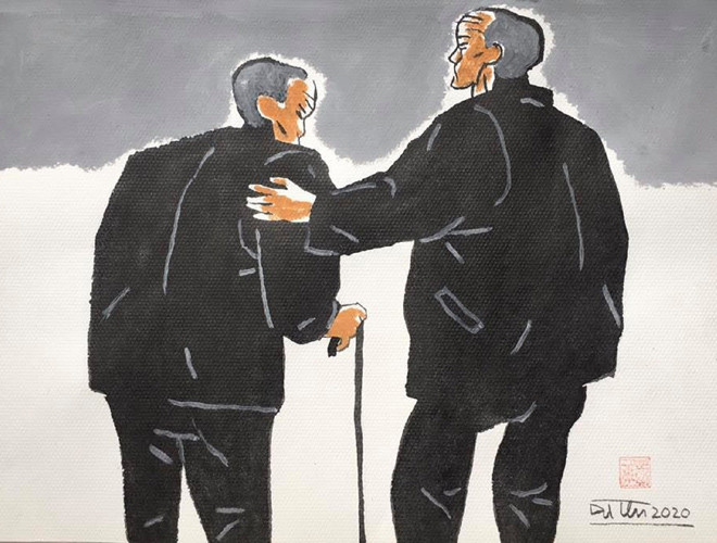 Tác phẩm: Minh họa truyện ngắn “Bạn già” - Mã: IA 11. Kích thước: 27x38cm - Chất liệu: Mực, bột màu. Năm sáng tác: 2020 - Họa sĩ Đặng Tiến: sinh năm 1963, Chủ tịch Hội Mỹ thuật Hải Phòng, Hội viên Hội Mỹ thuật Việt Nam, Hội viên Hội Nhà báo Việt Nam