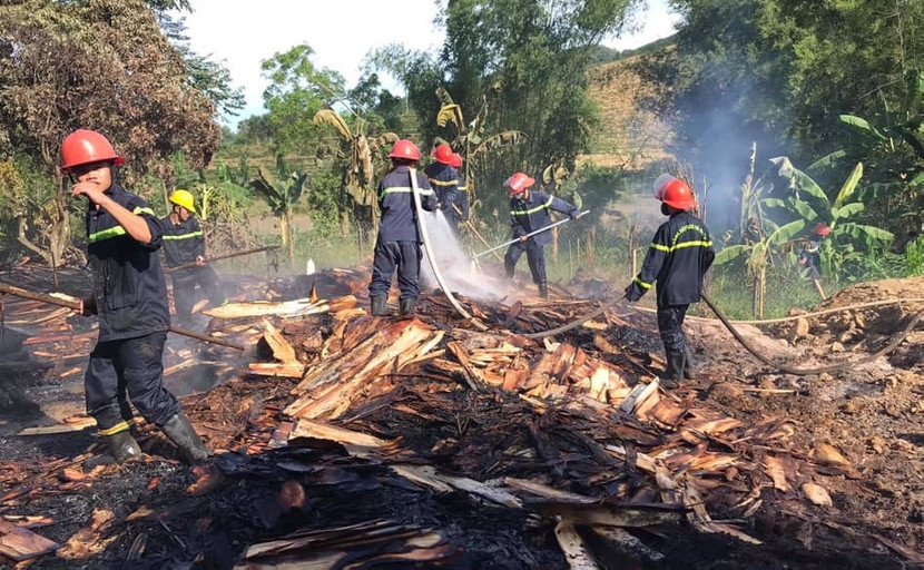 Cháy ở xưởng gỗ bóc dưới trời nắng nóng ảnh 1