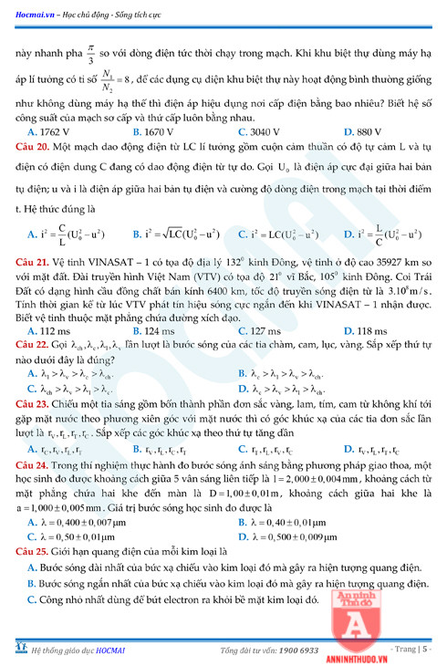 Tự đánh giá trước Kỳ thi THPT Quốc gia 2018 (2): Kiểm tra môn Vật lí & Đáp án môn Toán ảnh 14 Tự đánh giá trước Kỳ thi THPT Quốc gia 2018 (2): Kiểm tra môn Vật lí & Đáp án môn Toán ảnh 14