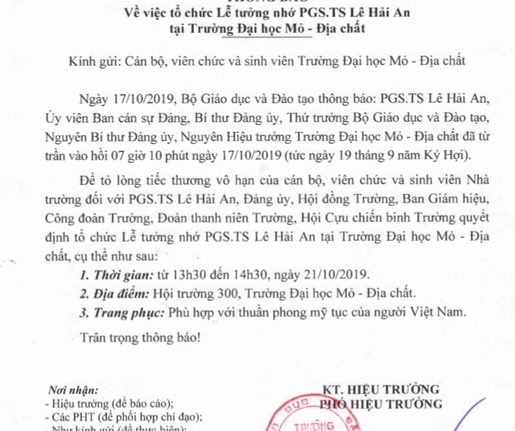 ĐH Mỏ Địa chất công bố những hình ảnh xúc động của Thứ trưởng Bộ GD-ĐT Lê Hải An ảnh 1 ĐH Mỏ Địa chất công bố những hình ảnh xúc động của Thứ trưởng Bộ GD-ĐT Lê Hải An ảnh 1