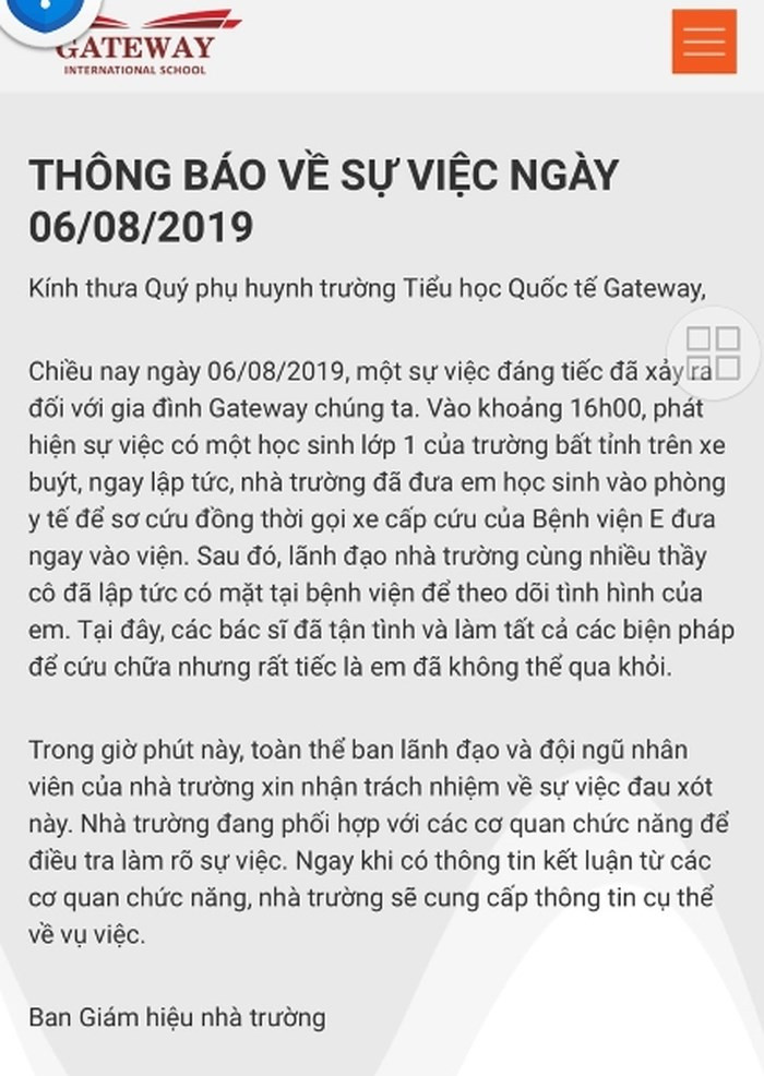 Vụ cháu bé nghi chết trên xe đón học sinh: Trường Gateway bổ sung lời xin lỗi ảnh 1 Vụ cháu bé nghi chết trên xe đón học sinh: Trường Gateway bổ sung lời xin lỗi ảnh 1