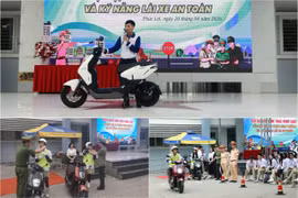 Học sinh tham gia thực hành kỹ năng lái xe an toàn dưới sự hướng dẫn trực tiếp của các hướng dẫn viên lái xe an toàn