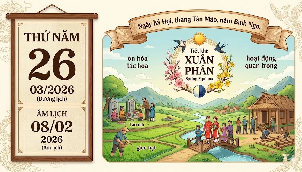 Lịch âm hôm nay 26/3/2026: Ngày tốt khai trương, xuất hành nhưng cần tránh kiện tụng
