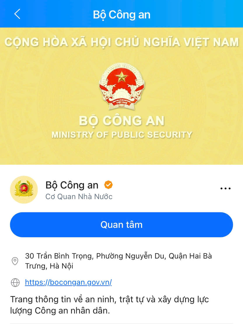 Trang Zalo của Bộ Công an