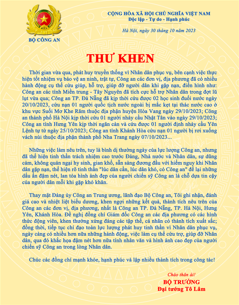 Thư khen của Đại tướng Tô Lâm gửi Công an thành phố Hà Nội và Công an các đơn vị, địa phương...
