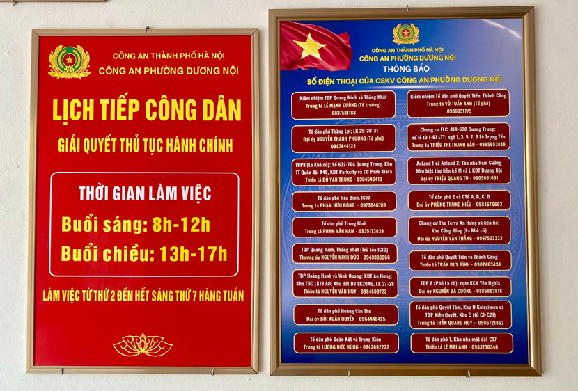 Công an phường niêm yết công khai, rõ ràng lịch làm việc, số điện thoại của từng đồng chí Cảnh sát khu vực phụ trách địa bàn để người dân chủ động liên hệ khi cần thiết, tạo sự thuận tiện tối đa.
