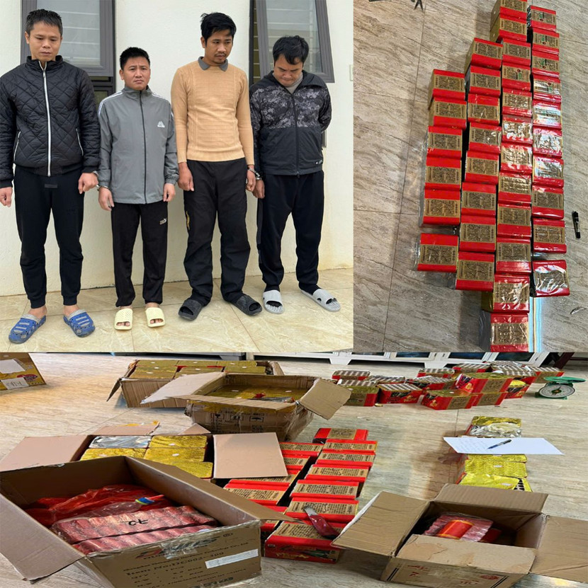 Nhóm đối tượng cùng tang vật bị thu giữ Nhóm đối tượng cùng tang vật bị thu giữ