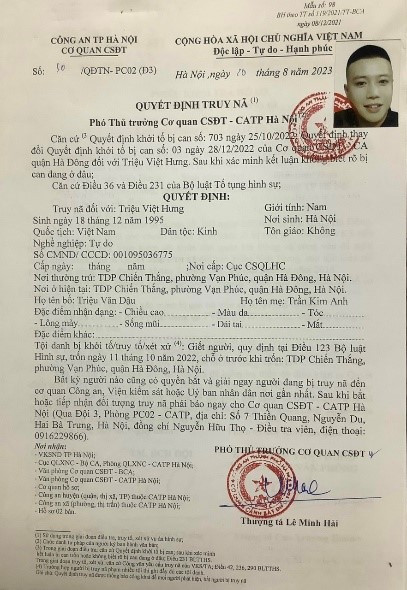 Quyết định truy nã Triệu Việt Hưng Quyết định truy nã Triệu Việt Hưng