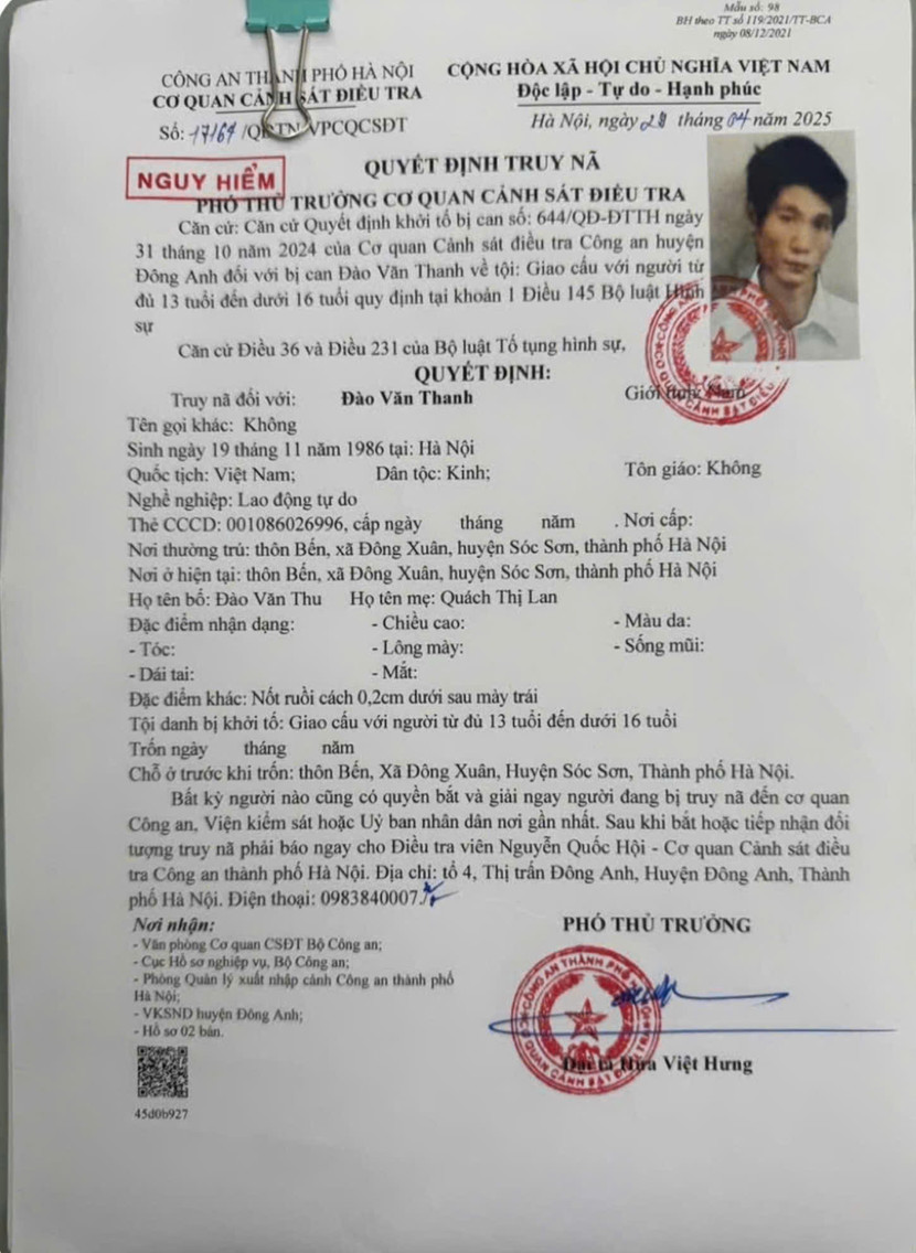 Quyết định truy nã nguy hiểm đối với Đào Văn Thanh