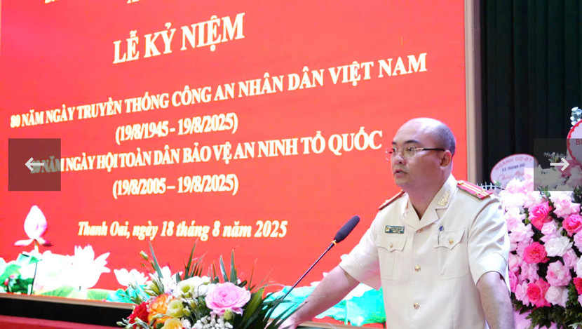 Đồng chí Giang Thanh Tuyên – Trưởng Công an xã Thanh Oai phát biểu tại lễ kỷ niệm Đồng chí Giang Thanh Tuyên – Trưởng Công an xã Thanh Oai phát biểu tại lễ kỷ niệm