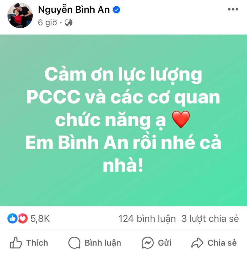 Nam diễn viên Bình An chia sẻ cảm ơn lực lượng chức năng