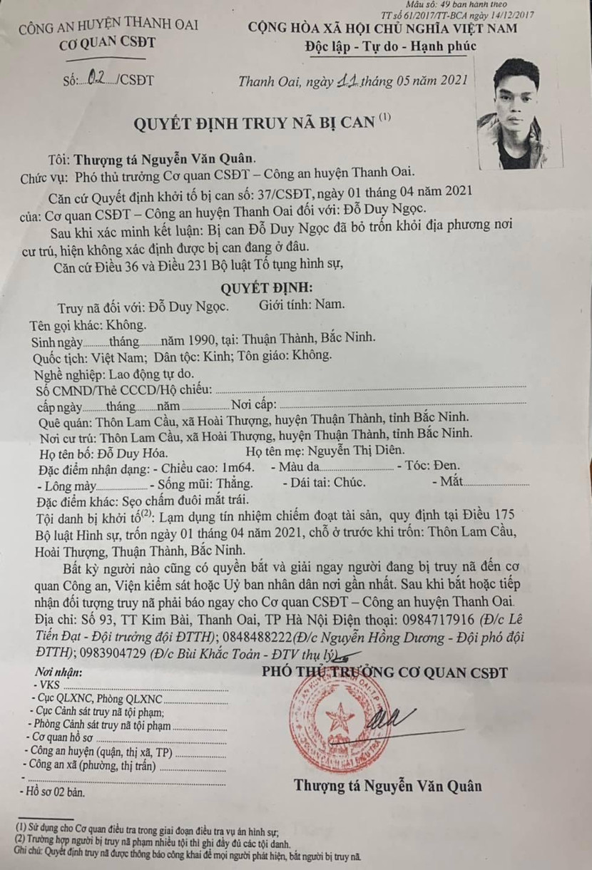 Quyết định truy nã bị can Ngọc Quyết định truy nã bị can Ngọc