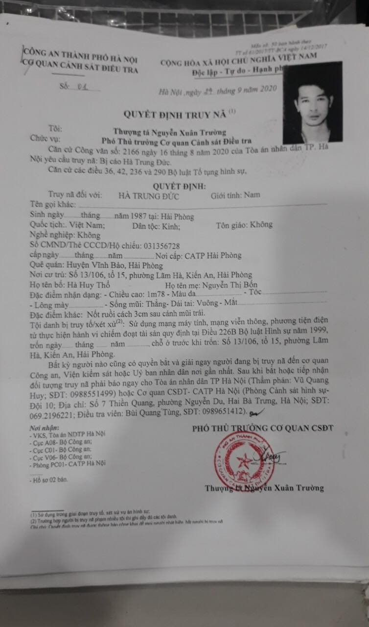 Quyết định truy nã Hà Trung Đức Quyết định truy nã Hà Trung Đức