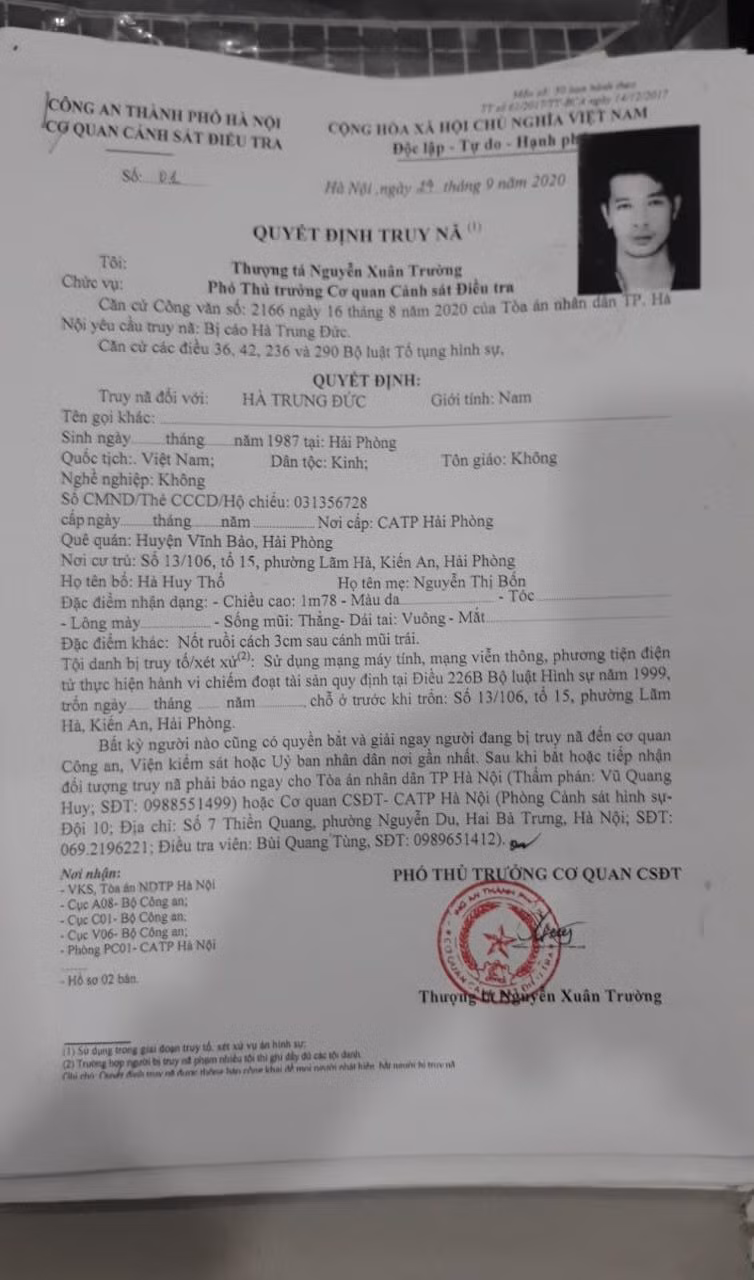 Quyết định truy nã Hà Trung Đức