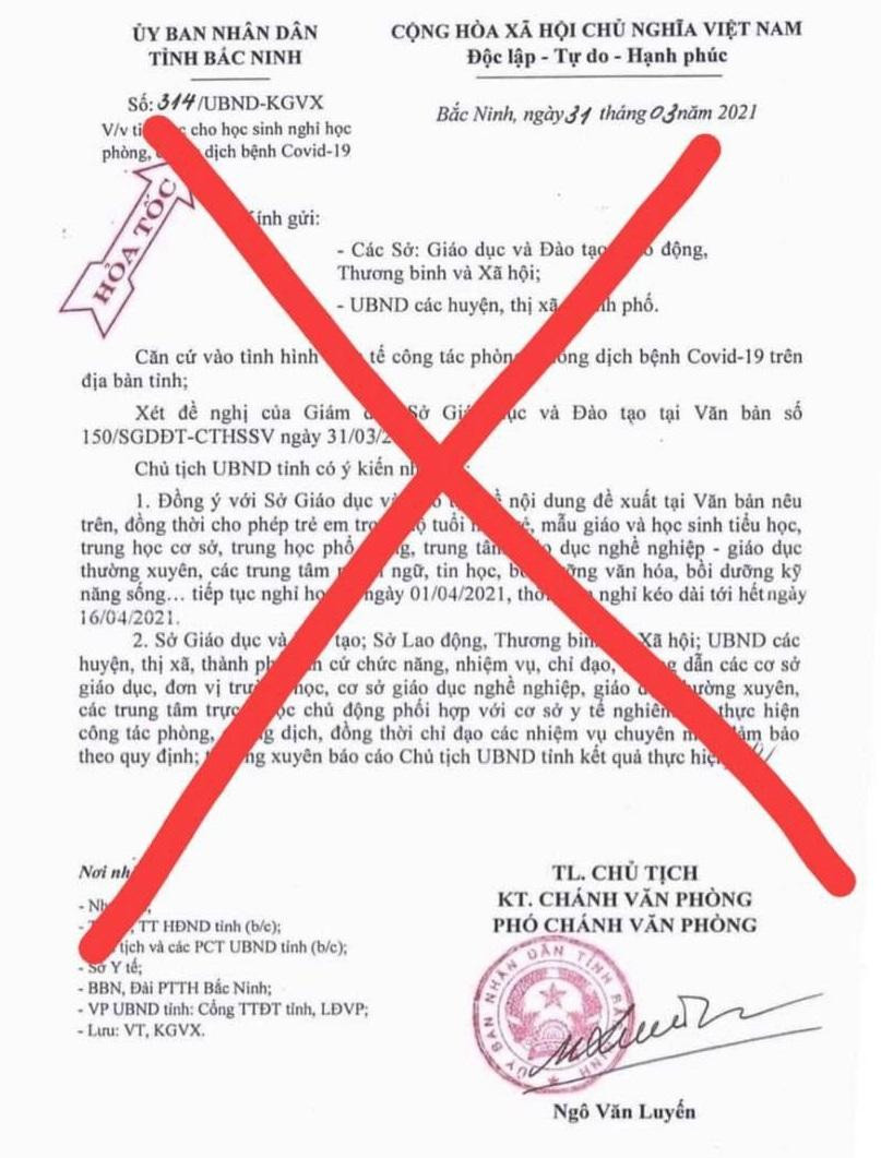 Làm giả văn bản của UBND tỉnh Bắc Ninh về việc cho học sinh nghỉ học