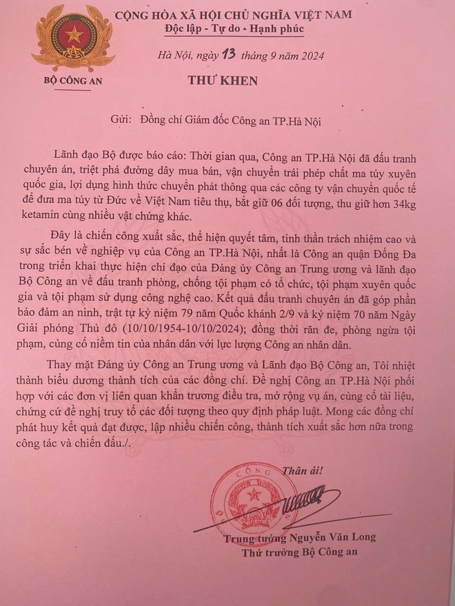 Thư khen của Trung tướng Nguyễn Văn Long - Thứ trưởng Bộ Công an