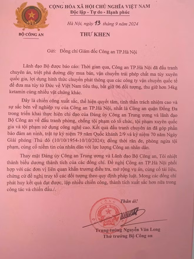 Thư khen của Trung tướng Nguyễn Văn Long - Thứ trưởng Bộ Công an