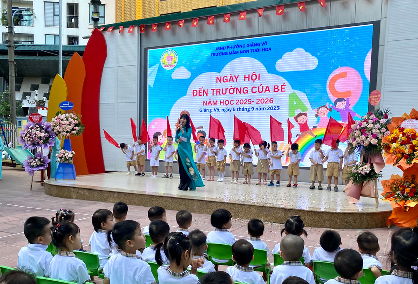 Cô Phạm Thanh Hoa, Hiệu trưởng trường Mầm non Tuổi Hoa phát biểu chào mừng năm học mới Cô Phạm Thanh Hoa, Hiệu trưởng trường Mầm non Tuổi Hoa phát biểu chào mừng năm học mới