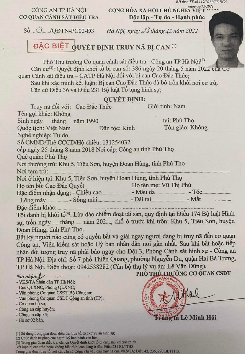 Đối tượng Cao Đắc Thức bị truy nã Đối tượng Cao Đắc Thức bị truy nã