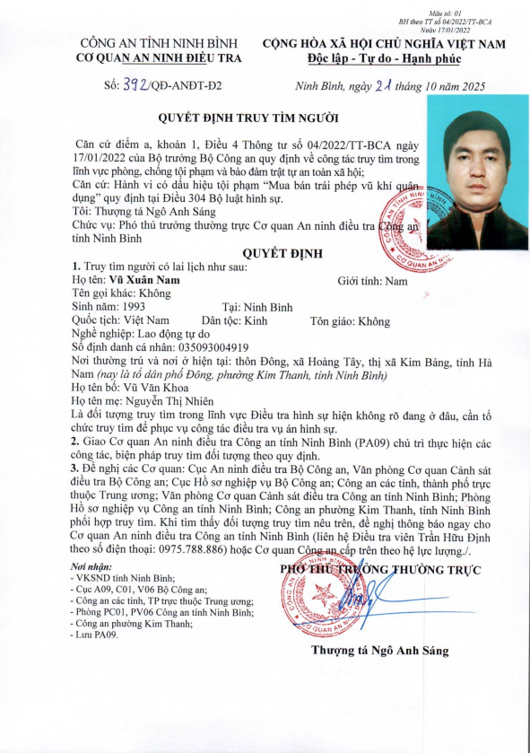 Quyết định truy tìm Vũ Xuân Nam