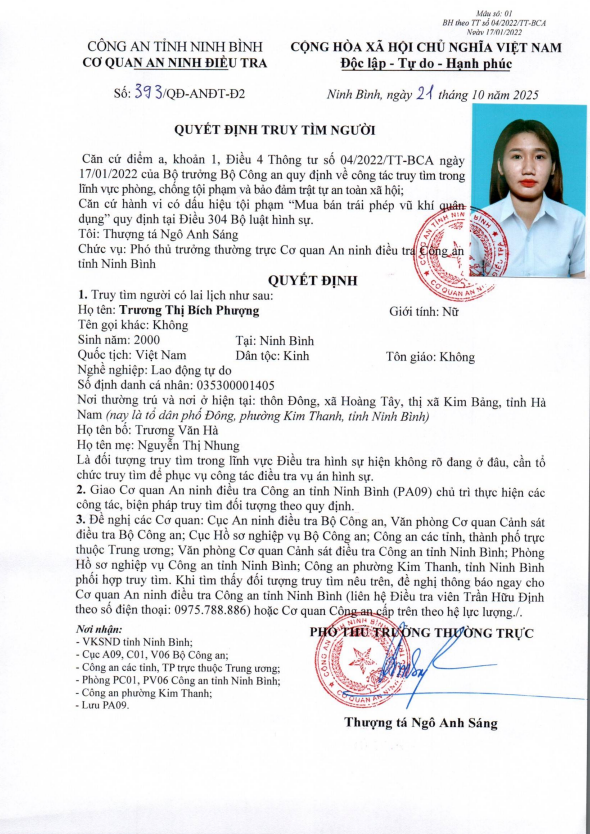 Quyết định truy tìm Trương Thị Bích Phượng