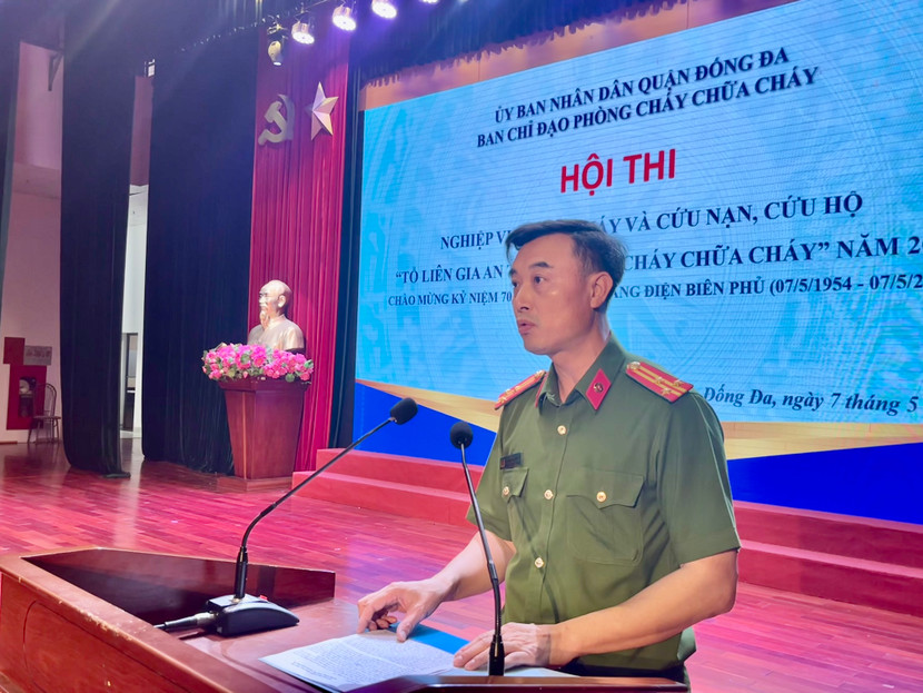 Thượng tá Nguyễn Minh Thành - Phó Trưởng Công an quận Đống Đa phát biểu