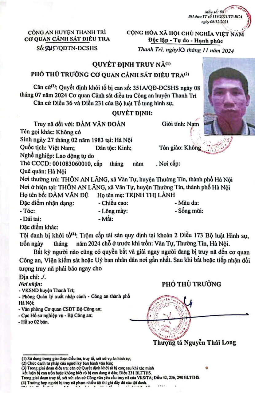 Quyết định truy nã Đàm Văn Đoàn
