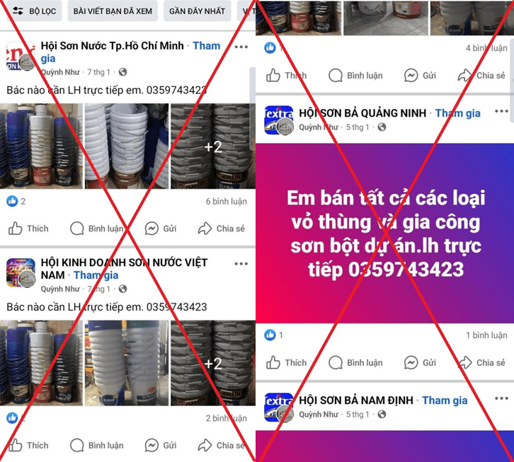 Các bài đăng rao bán sơn, vỏ thùng sơn trên facebook của đối tượng