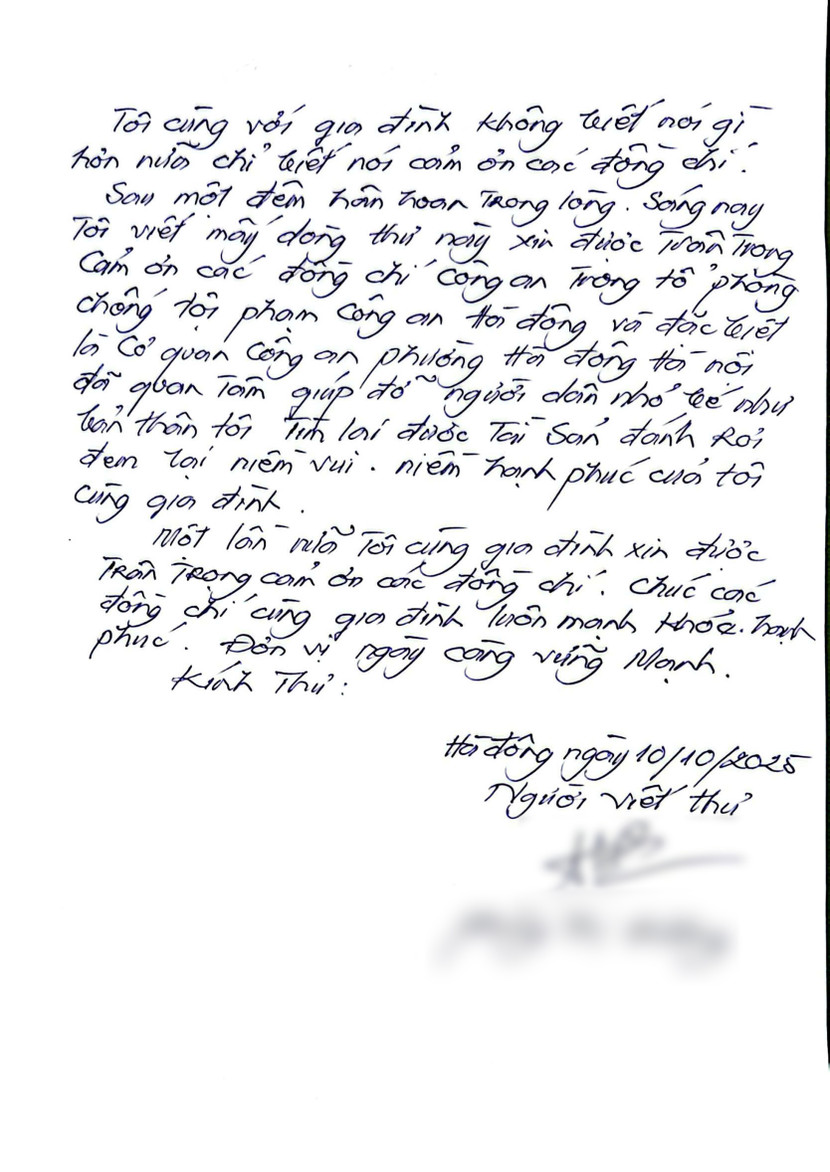 Nội dung thư cảm ơn Công an phường Hà Đông