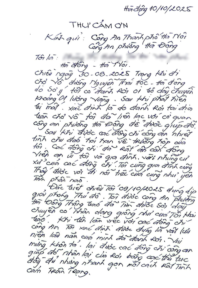 Nội dung thư cảm ơn Công an phường Hà Đông