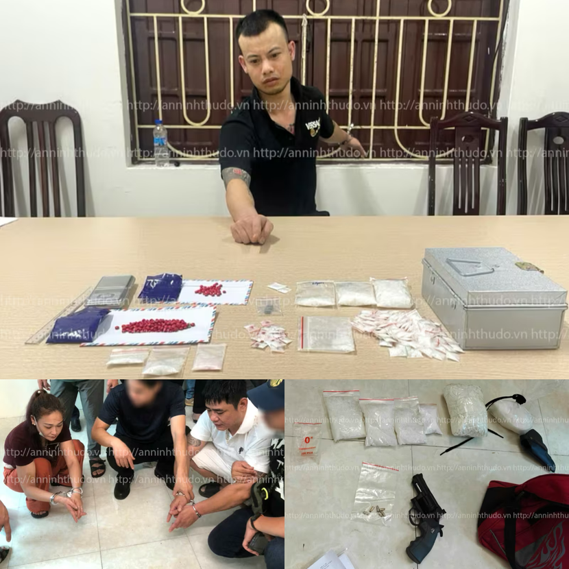 Các đối tượng Dương Anh Tuấn, Ngô Duy Nghĩa và tang vật thu giữ trong chuyên án ma túy bao gồm số lượng lớn ma túy tổng hợp, heroin, cân điện tử và khẩu súng cùng 6 viên đạn... Các đối tượng Dương Anh Tuấn, Ngô Duy Nghĩa và tang vật thu giữ trong chuyên án ma túy bao gồm số lượng lớn ma túy tổng hợp, heroin, cân điện tử và khẩu súng cùng 6 viên đạn...