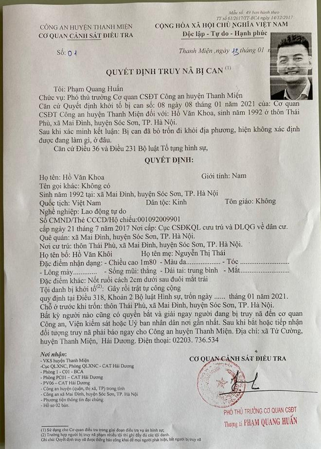 Quyết định truy nã Hồ Văn Khoa