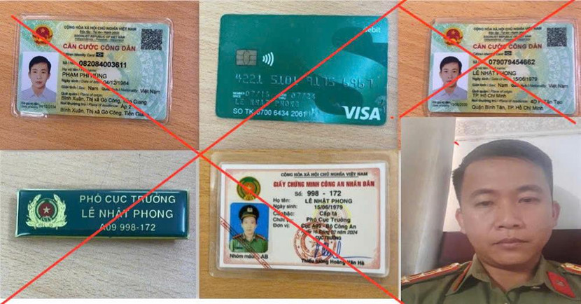Đối tượng Phạm Văn Thảo cùng giấy tờ giả mang tên Lê Nhật Phong, Phạm Phi Hùng. Đối tượng Phạm Văn Thảo cùng giấy tờ giả mang tên Lê Nhật Phong, Phạm Phi Hùng.