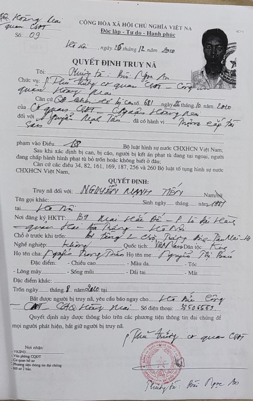 Đối tượng Nguyễn Mạnh Tiến bị truy nã