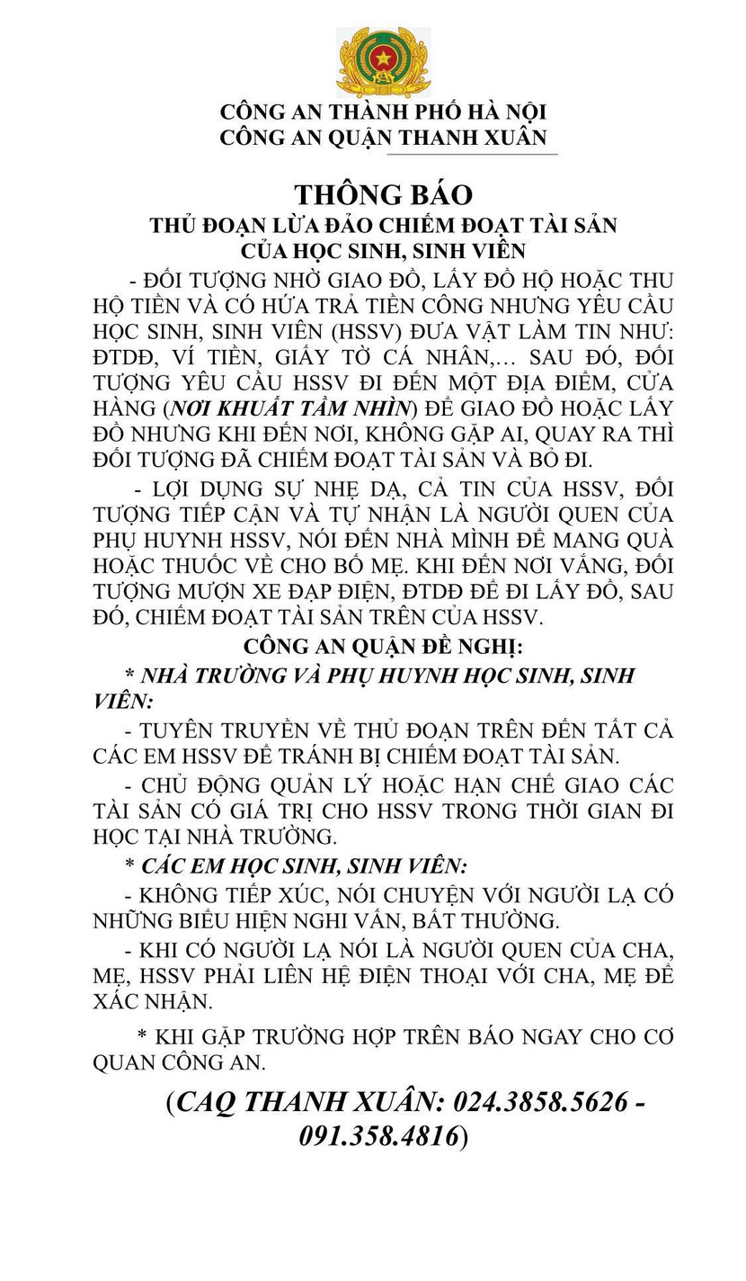Công an quận Thanh Xuân phát thông báo về thủ đoạn của tội phạm