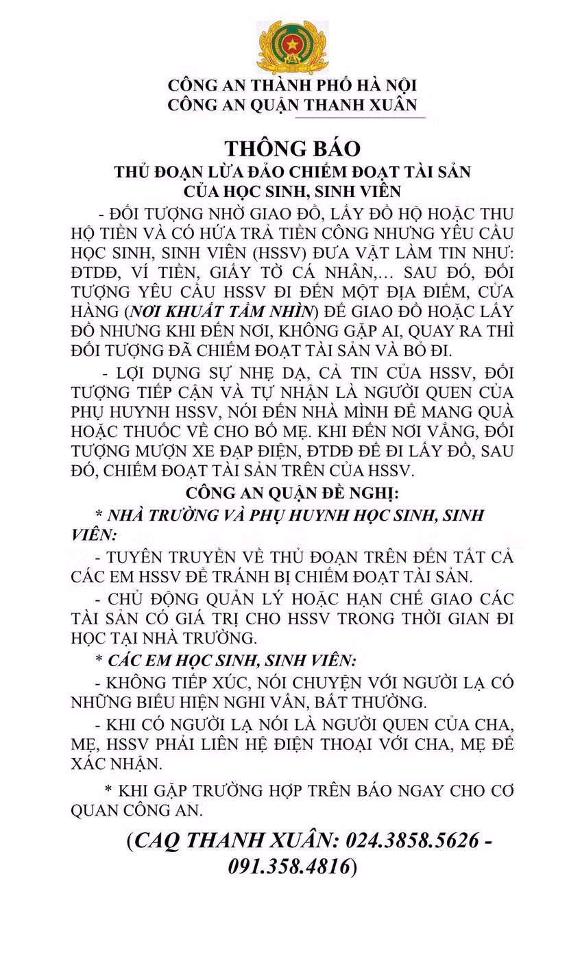 Công an quận Thanh Xuân phát thông báo về thủ đoạn của tội phạm