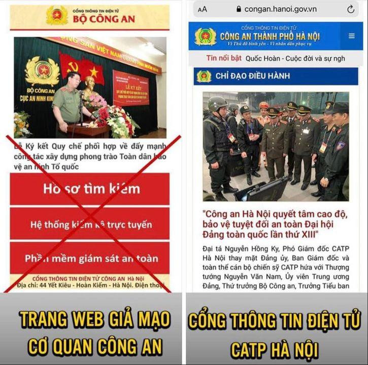 Trang web giả mạo và trang web chính thức của Công an Hà Nội